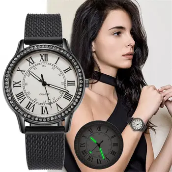  Mulheres Retro Simples Relógio De Luxo Diamante Numerais Romanos De Silicone Cinto De Malha De Senhoras Quartzo Relógio De Presente De Mulheres De Mãos Luminosas Relógios