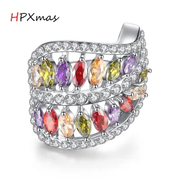  HPXmas de Moda de Luxo cristal arco-íris de cor mista de Folhas Coloridas em forma de Anel Mulheres de Jóias de Casamento Noivado Promessa de Presente A41